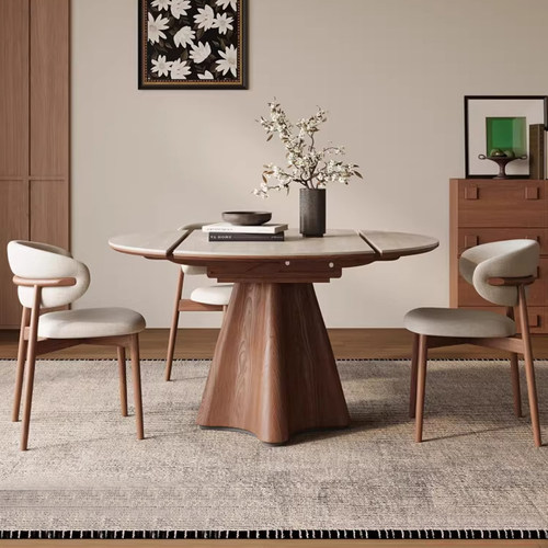 法式中古风实木洞石岩板伸缩餐桌小户型家用方园两用可折叠吃饭桌