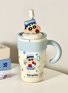 蓝色蜡笔小新大容量可爱吸管直饮两用保温杯女生办公室冰霸水杯子