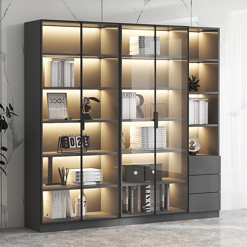 书柜带玻璃门展示柜现代轻奢定制家用客厅一体整墙到顶书架满墙柜