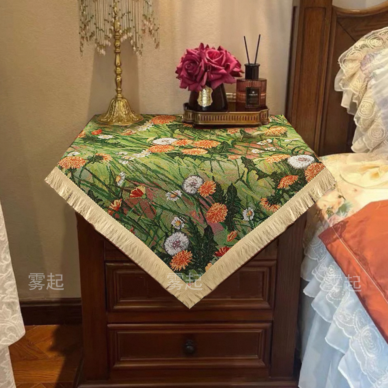 棉麻油画花卉床头柜盖巾
