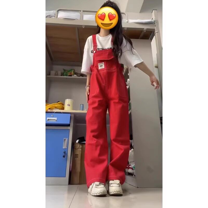 美式复古红色牛仔背带裤女夏季大牛仔裤