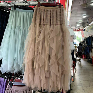 不规则网纱半身裙春夏女新款高腰蓬蓬荷叶边蛋糕裙子中长款a字裙