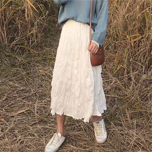 温柔风褶皱垂坠感白色半身裙女2025新款 裙子 春秋季 森系甜美中长款