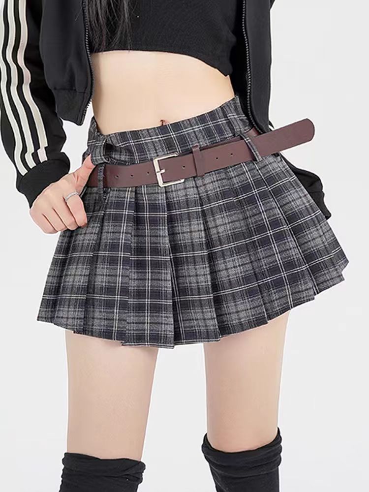 复古格子百褶半身裙女秋冬高腰显瘦磨毛a字半裙防走光辣妹超短裙