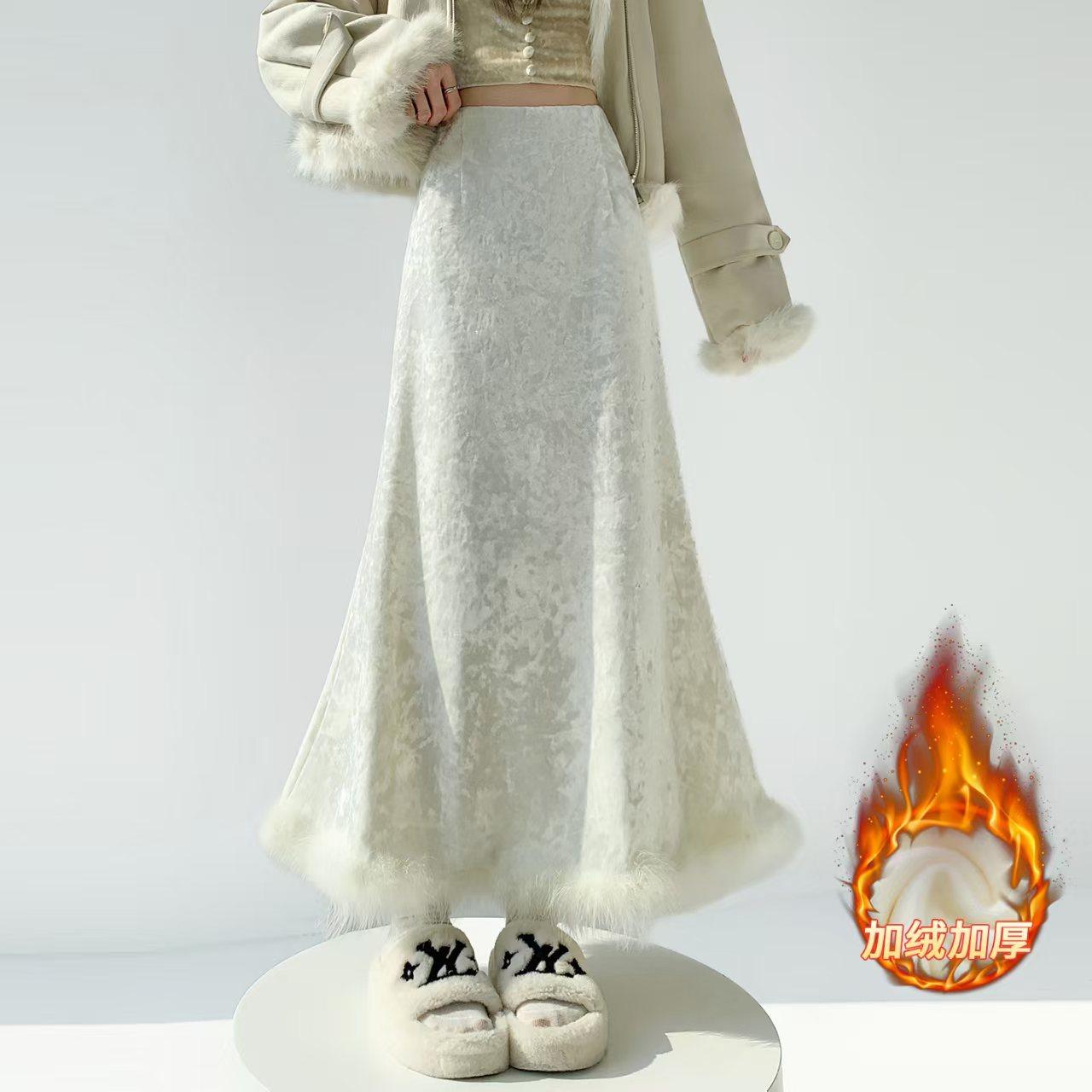 高级感米白色丝绒半身裙女加绒冬季冬裙a字包臀鱼尾长裙毛毛裙子,女装/女士精品,半身裙,淘宝优惠券,粉丝福利购,淘宝优惠卷