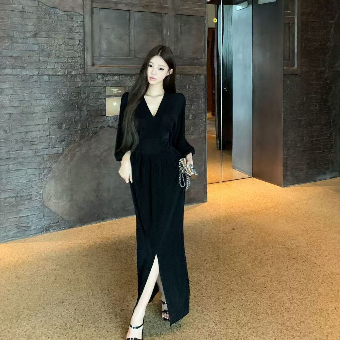 名媛气质时尚御姐蓬蓬袖V领连衣裙收腰开叉过膝裙子简约包臀长裙