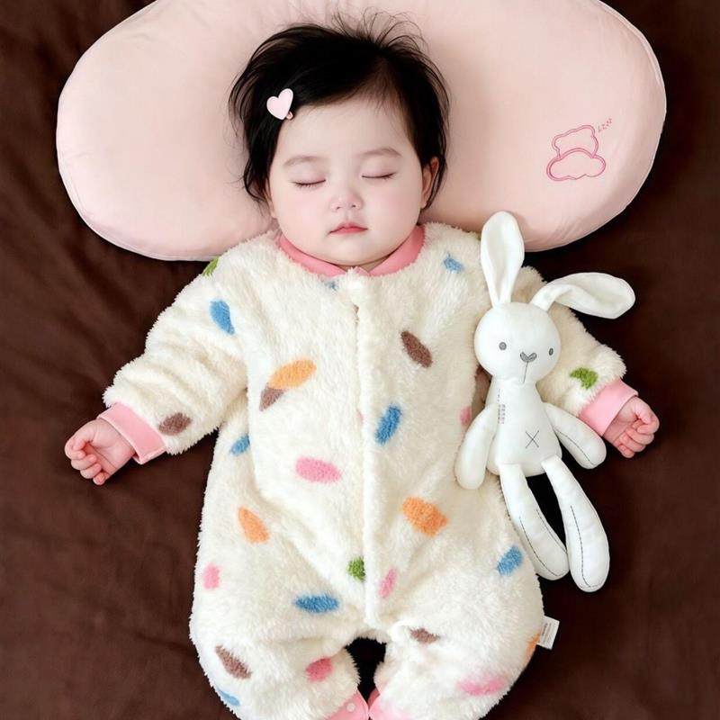 婴儿睡衣小月龄冬女童卡通彩色点纹加厚毛绒连体衣保暖哈衣家居服