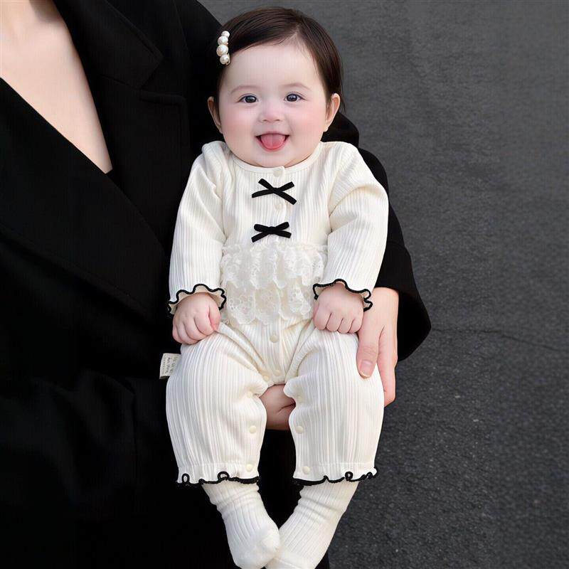 婴幼儿薄款连身衣蝴蝶结公主风女宝宝春秋连体衣长袖爬服外穿哈衣