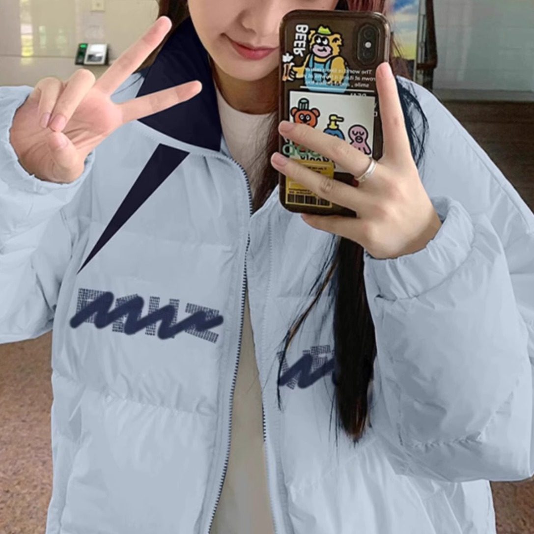 奶蓝色拼接小个子羽绒棉服男女