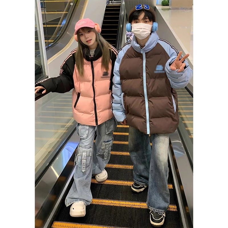 设计感小个子美式拼色条纹棉衣棉服女2024冬季情侣加厚面包服外套