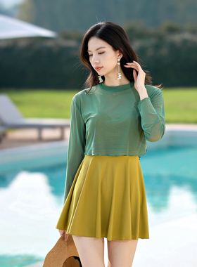 钢托聚拢大小胸连体裙式泳衣女大码胖mm显瘦遮肚泡温泉长袖度假风