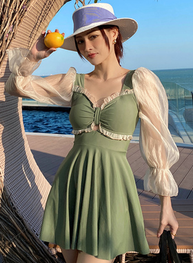 小清新ins风仙女范泳衣女连体长袖保守大码胖mm遮肉显瘦温泉海边