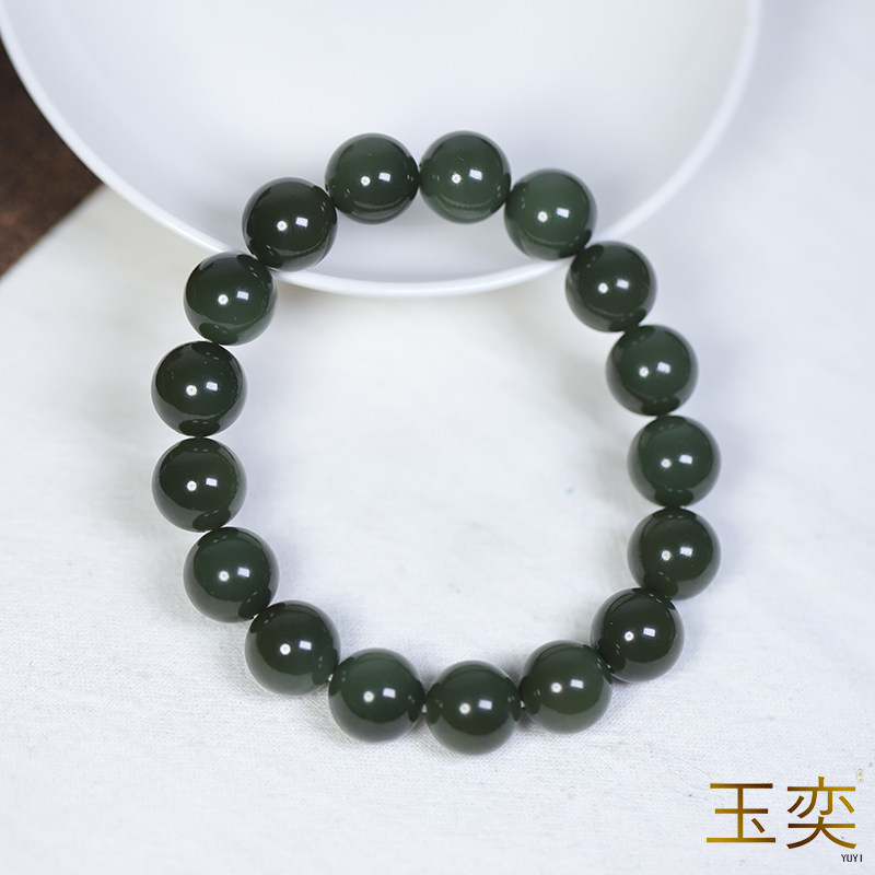 玉奕新疆和田玉籽料12mm沙枣青圆珠单圈珠子手链男女手串珠串链子