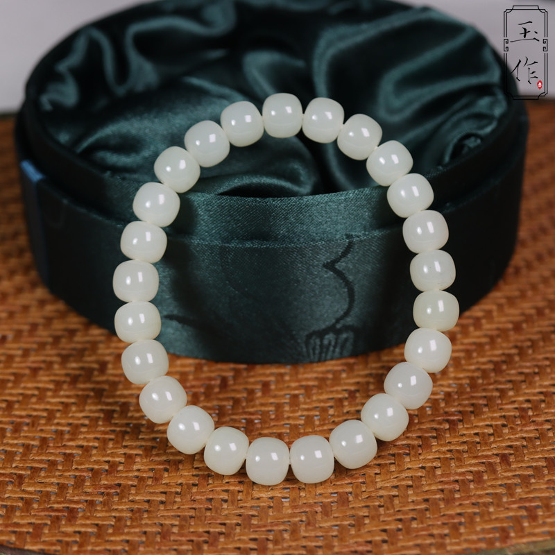玉奕新疆和田玉籽料8/9mm白玉老型珠单圈手串男女老型珠珠串