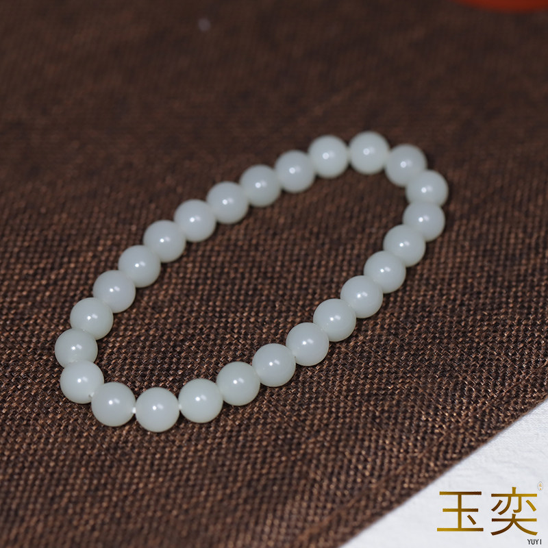 玉奕新疆和田玉8mm籽料白玉圆珠单圈手链叠戴玉圆珠手串珠子