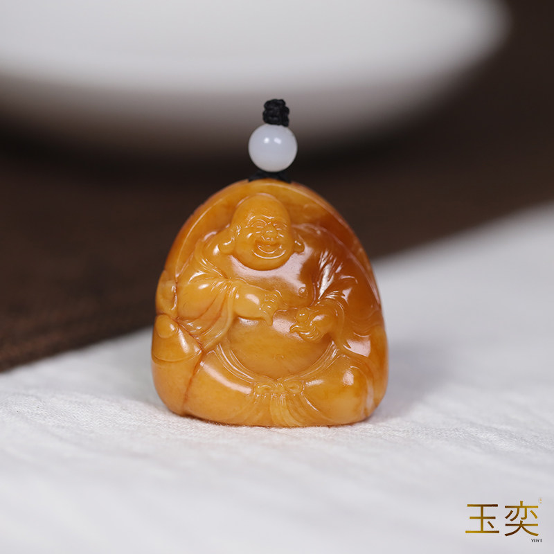 玉奕新疆和田玉籽料23.9克黄沁特色鸡油黄弥勒佛摆件挂件佛公吊坠