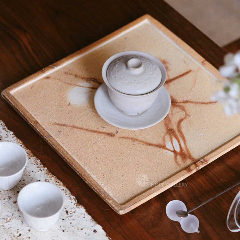 后朴展厅现货日本窑口信乐烧手作柴烧火痕方盘杯托壶承茶具寿司盘