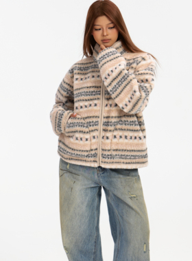 1ess la mode美式复古费尔岛花纹半高领立领拉链外套夹克开衫百搭