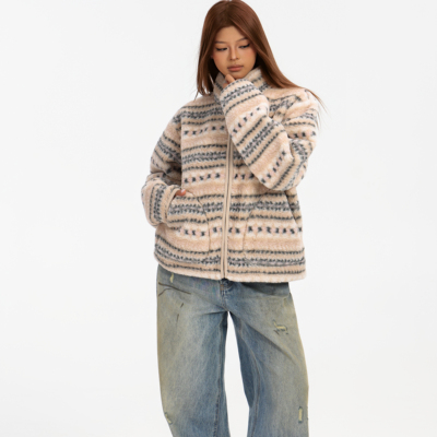 1ess la mode美式复古费尔岛花纹半高领立领拉链外套夹克开衫百搭