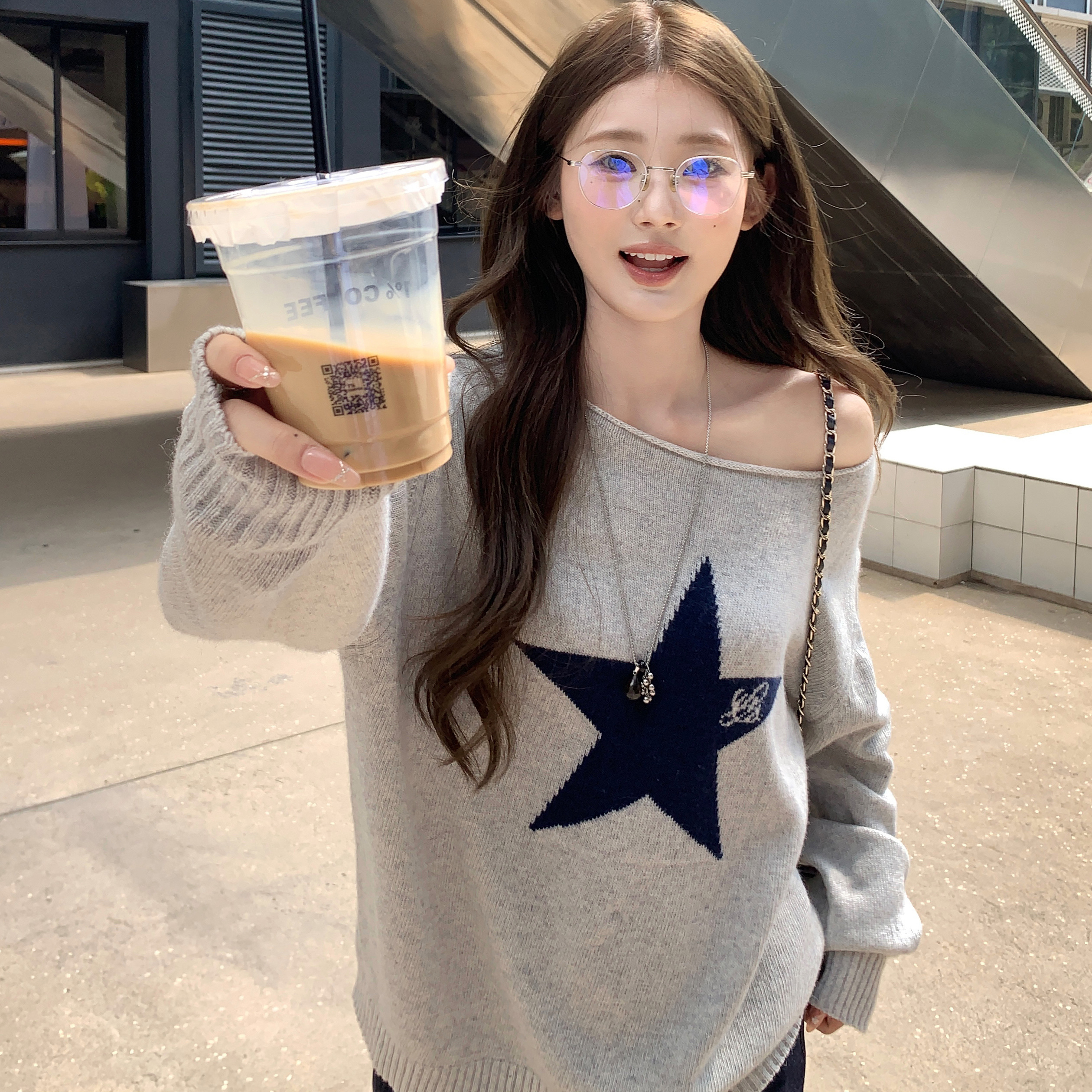 1ess la mode斜肩毛衣25早秋新款女装时尚休闲五角星印花宽松上衣