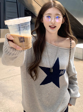 1ess la mode斜肩毛衣25早秋新款女装时尚休闲五角星印花宽松上衣