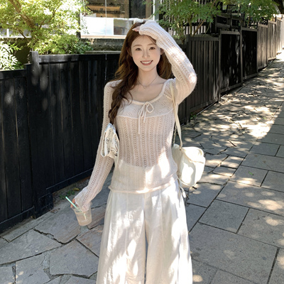 1ess la mode粉色镂空针织衫女长袖显瘦薄款上衣2025初秋新款