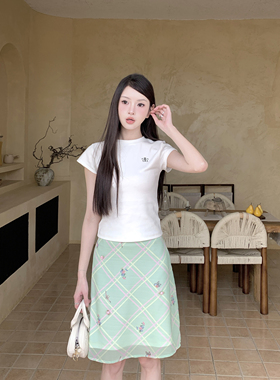 1ess la mode薄荷曼波格子A字薄款半身裙24新款夏季裙子复古辣妹