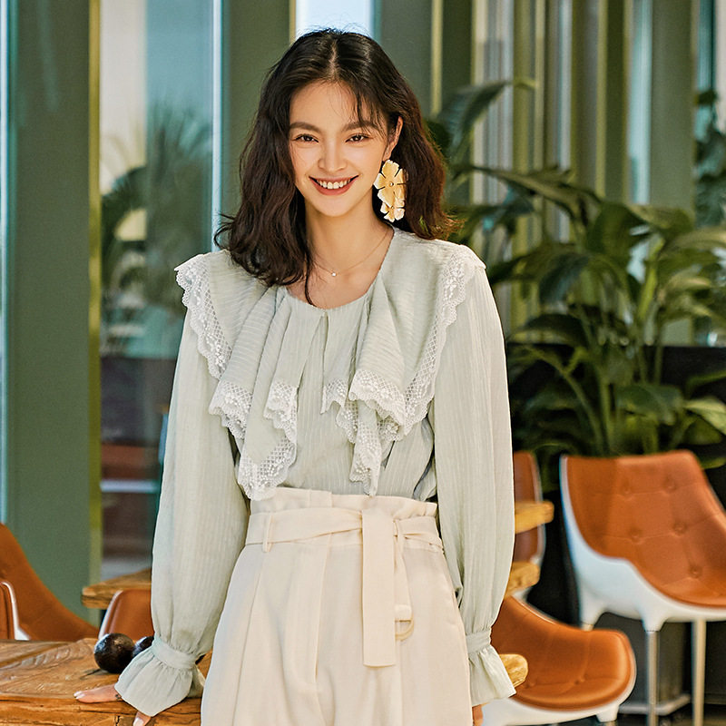 春小清新衬衫女长袖文艺森系韩版雪纺淑女甜美宽松薄荷绿蕾丝条纹在类目 女装/女士精品, 衬衫中 - 来自Buy2taobao.com提供专业的淘宝代购服务