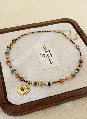 VIGG石米珠手工轻奢小众显白时尚虎眼石颈链配饰毛衣链精致钢石然