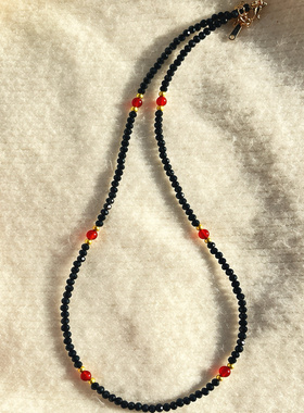 黑玛瑙红珠项链女手工串珠锁骨链