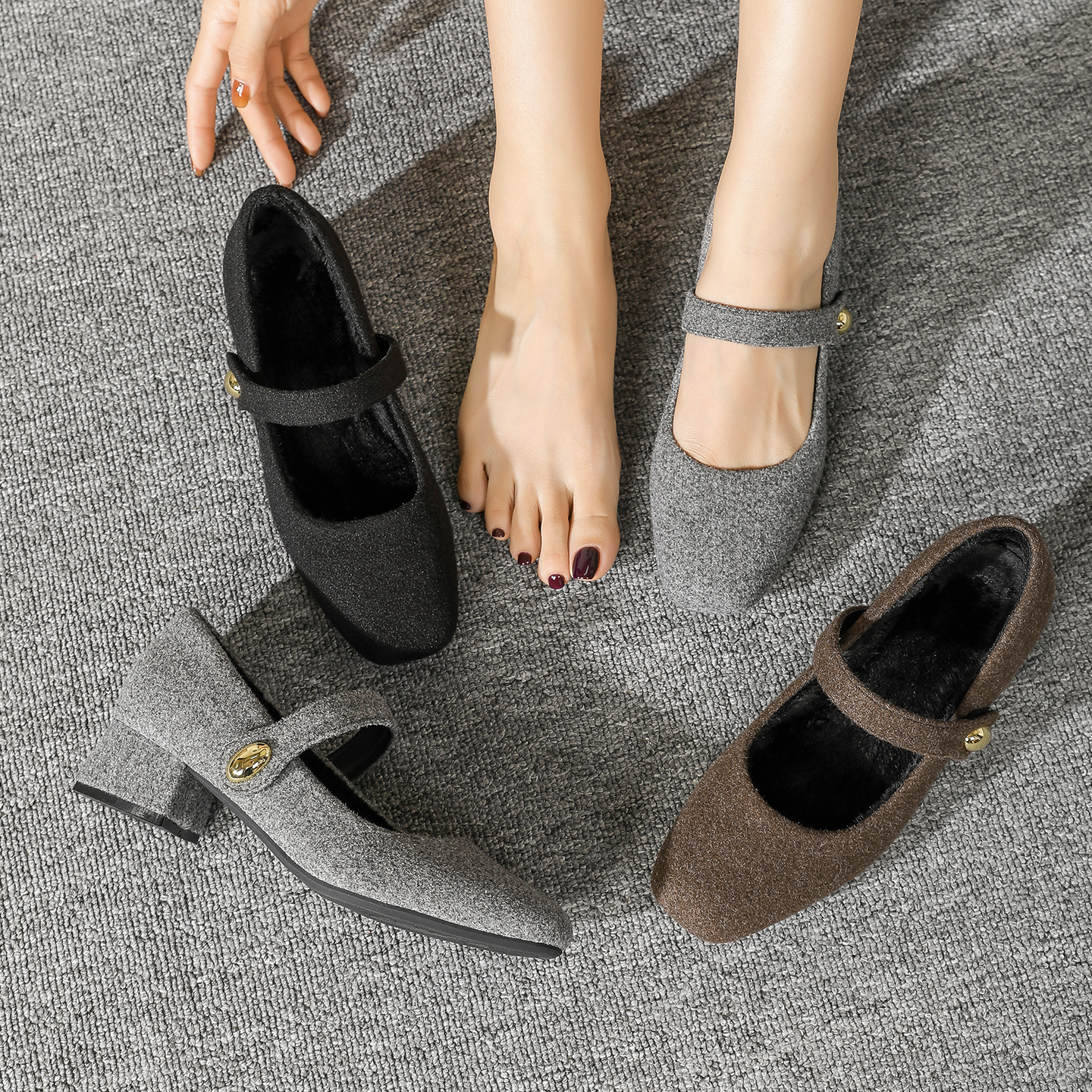 秋冬新款加绒毛毛鞋玛丽珍女单鞋