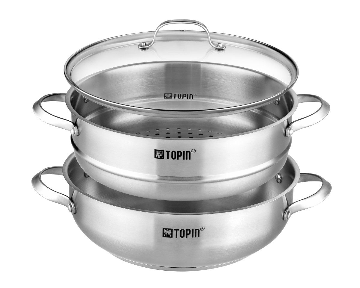 topin宝鼎304不锈钢多功能边炉锅30cm炒锅蒸锅时尚耐用双层锅