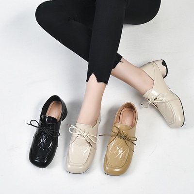 头层牛皮乐福鞋女真皮单鞋粗跟方头低跟中跟英伦软底软皮2023新款