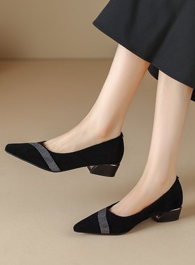 水钻女士真皮鞋反绒单鞋女低跟尖头工作鞋2023秋冬季新款气质女鞋