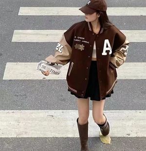 美式潮牌外套女ins潮冬季学生学院风宽松外穿高街加绒加厚棒球服