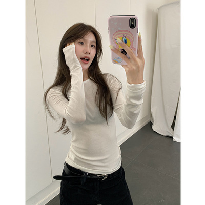 天丝羊毛打底衫女秋冬新款修身显瘦内搭圆领韩系基础正肩长袖t恤