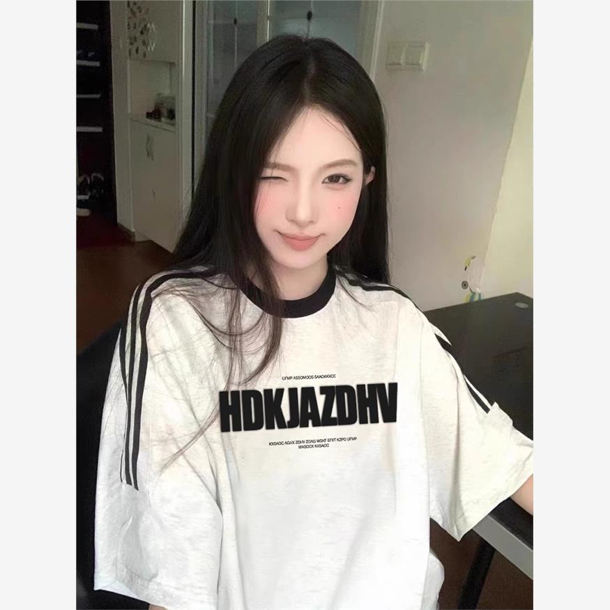 纯棉条纹短袖t恤女2025新款大码夏季宽松三条杠美式潮牌半袖上衣