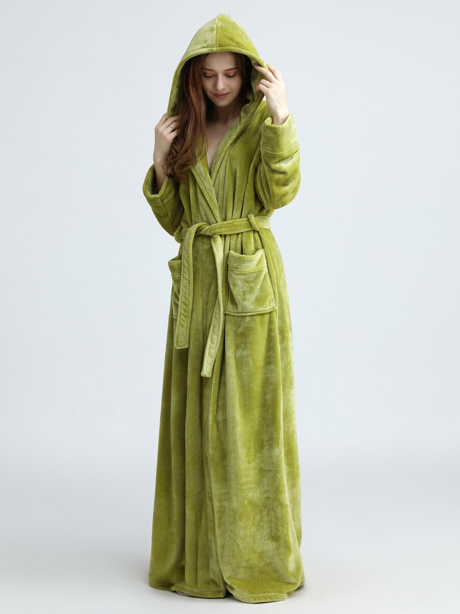 NIGHTGOWN WOMENS AUTUMN WINTER ELONGATED FLANNEL EXTRA-LONG TO ANKLE PADDED CORAL VELVET PAJAMAS HAT BATHROBE