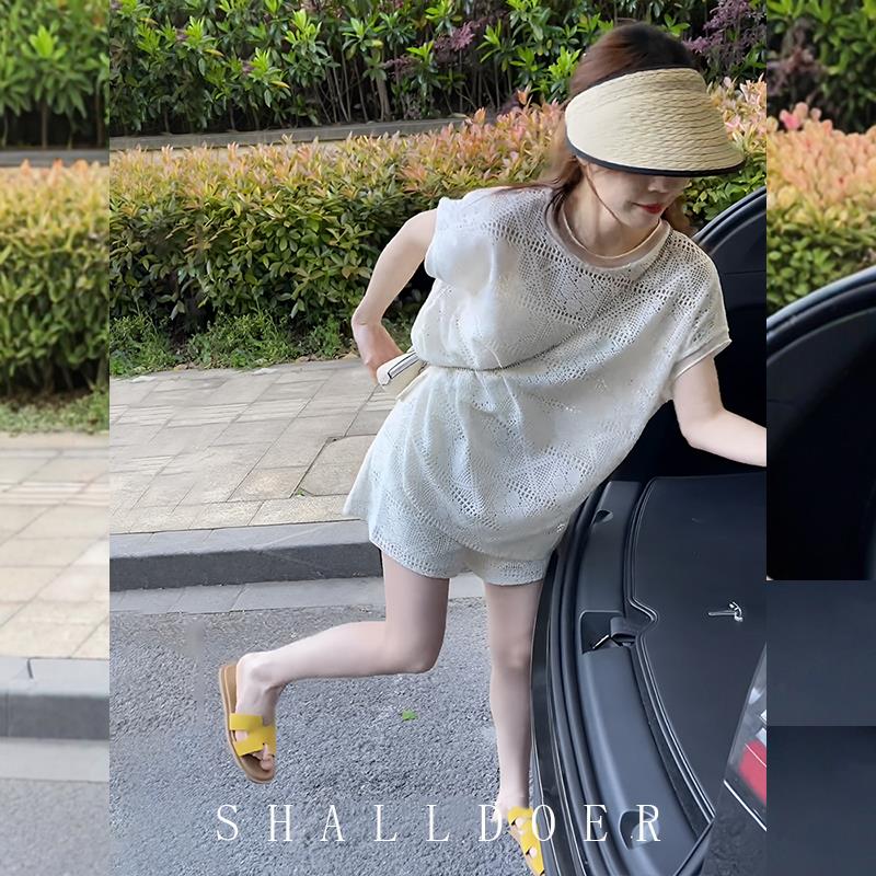 镂空蕾丝短袖t恤女短裤套