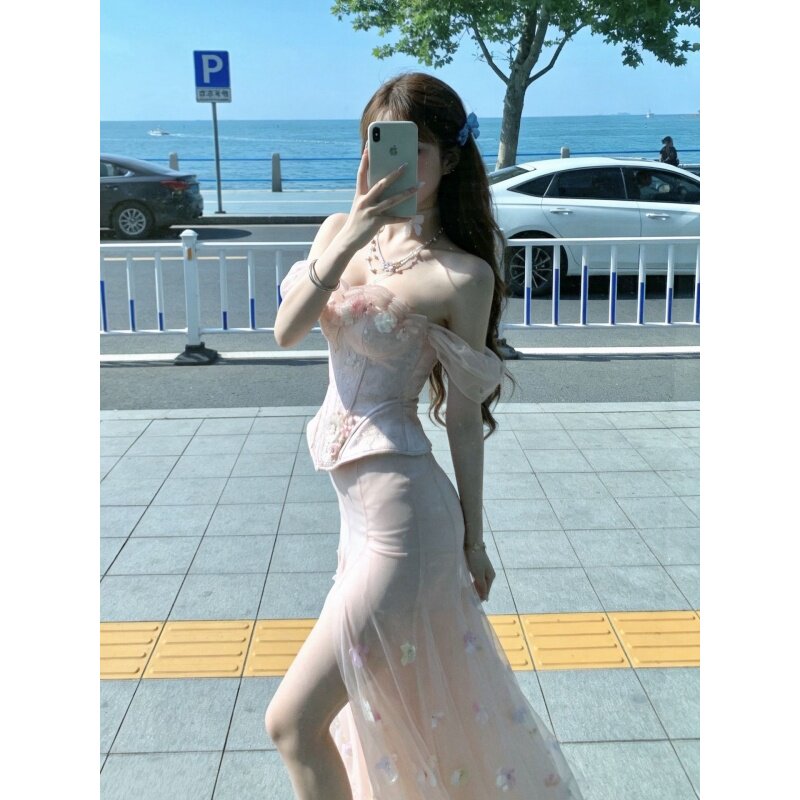 法式度假风立体花朵吊带