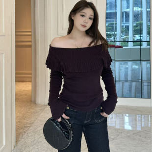 一字肩荷叶领直筒上衣女纯色长袖 时尚 内搭打底 女装 琪琪微微胖大码