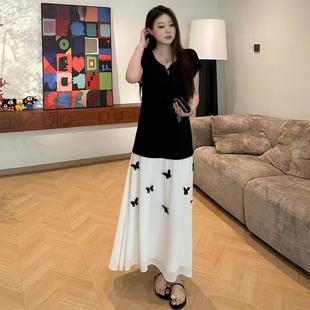 法式 琪琪微微胖大码 新款 女装 撞色薄纱连衣裙女海边度假 蝴蝶夏季