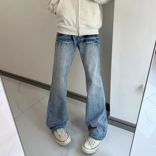 浅蓝色闪电纹水洗牛仔裤男秋冬款美式高级感痞帅裤直筒微喇弯刀裤