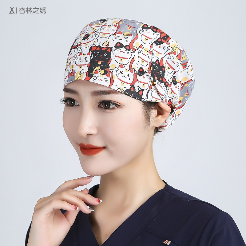 手术帽子女手术室纯棉圆帽加纽扣护士印花外科口腔牙科月子包头帽