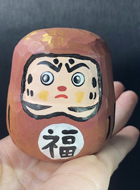 纯手工雕刻彩绘木雕不倒翁达摩摆件手把