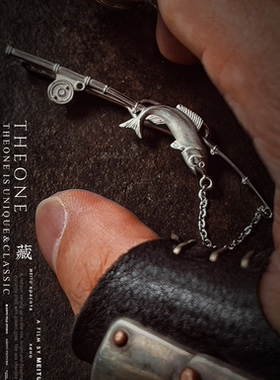 THEONE罕见古董孤品欧洲纯手工纯银鱼竿领带夹绅士领针复古雅痞风