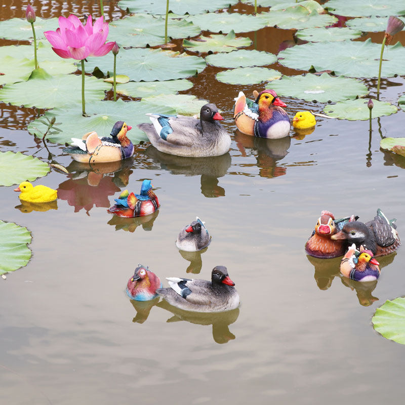 仿真浮水小黄鸭鸳鸯一对摆件树脂动物装饰品庭院客厅流水喷泉鱼缸