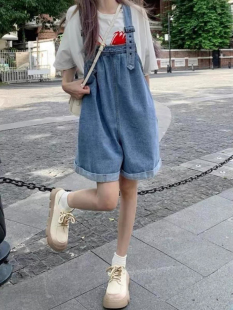 背带裤女夏季薄款小个子休闲盐系宽松休闲初中学生阔腿短裤休闲裤