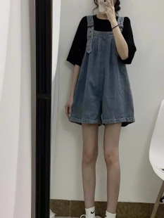 牛仔背带裤套装女初中学生夏季学生宽松连衣短裤小个子减龄两件套