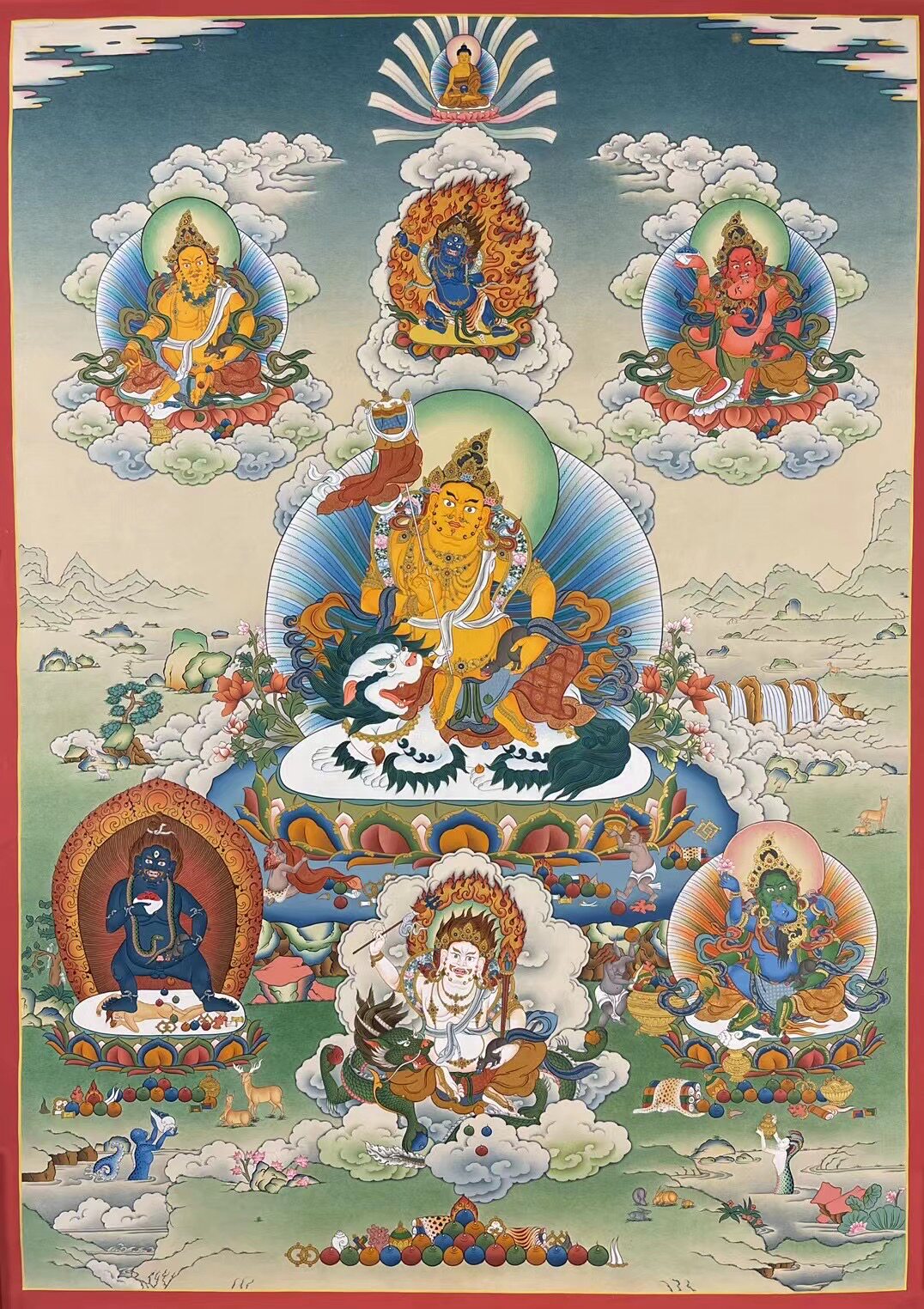 纯手绘尼泊尔财宝天王唐卡客厅玄关办公室书房装饰挂画名招财进宝